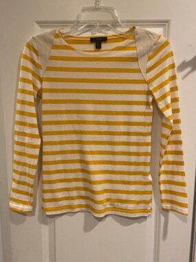 J. Crew Yellow and White Striped Top with Suede Shoulder Panels in XXS